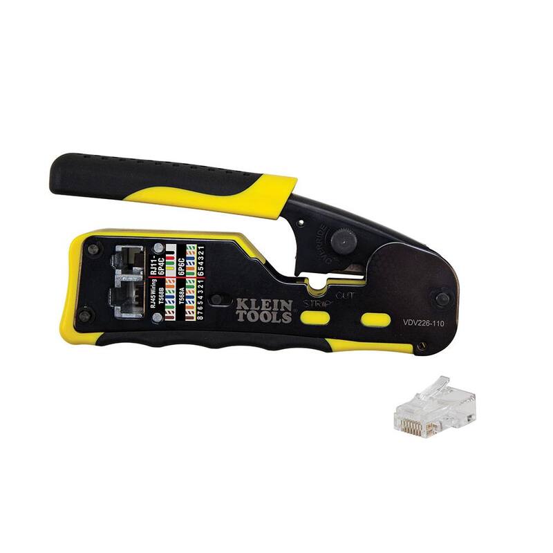 Herramienta de engarce modular pasante con trinquete de Klein Tools y (paquete de 20) enchufes de datos modulares pasantes CAT5e - M2O41327KIT