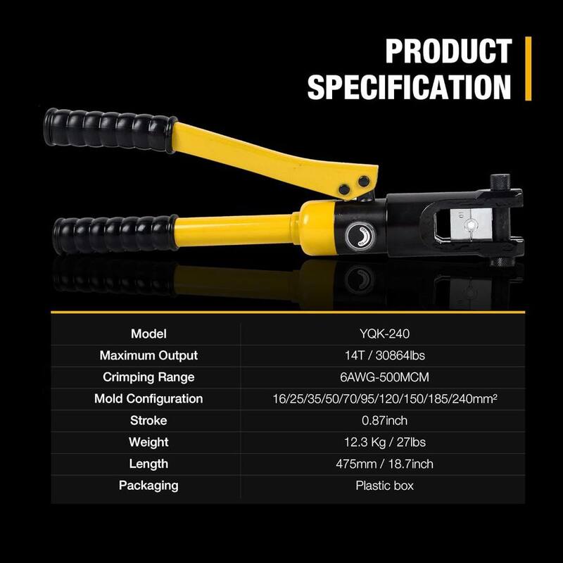 Herramienta de crimpar cables hidráulica Etokfoks 14T de 0.87 pulgadas de recorrido con 6AWG-500MCM y 10 pares de dados, YQK-240 - MLSA04-2LT311