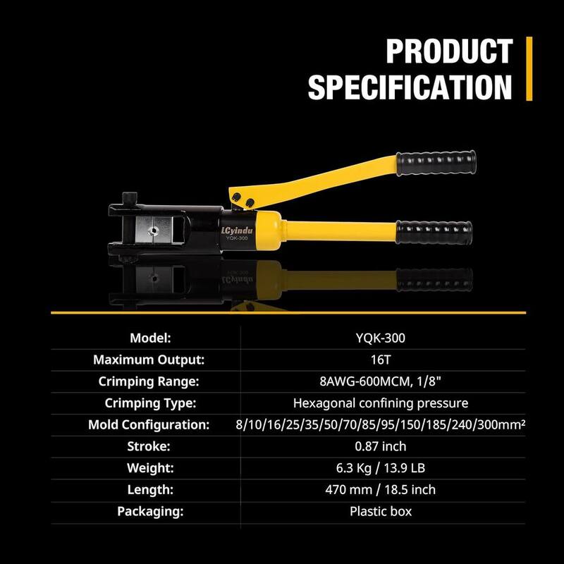 Herramienta de prensado de cable hidráulico Etokfoks 16T con recorrido de 0.87 pulgadas, con capacidad de 9 AWG a 600 MCM y 13 juegos de matrices, YQK-300 - MLSA04-2LT312.