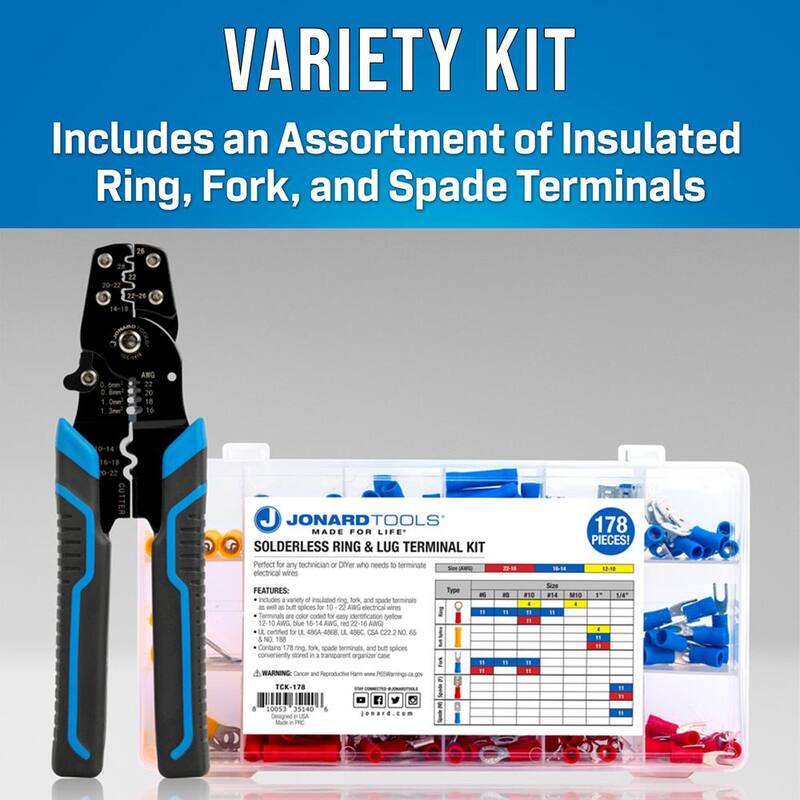 Kit de terminales de anillo/lengüeta sin soldadura de 178 piezas de JONARD TOOLS con empalmes de tope, terminales de anillo, lengüeta y pala, y herramienta de prensado de terminales PEX - TCK-178X