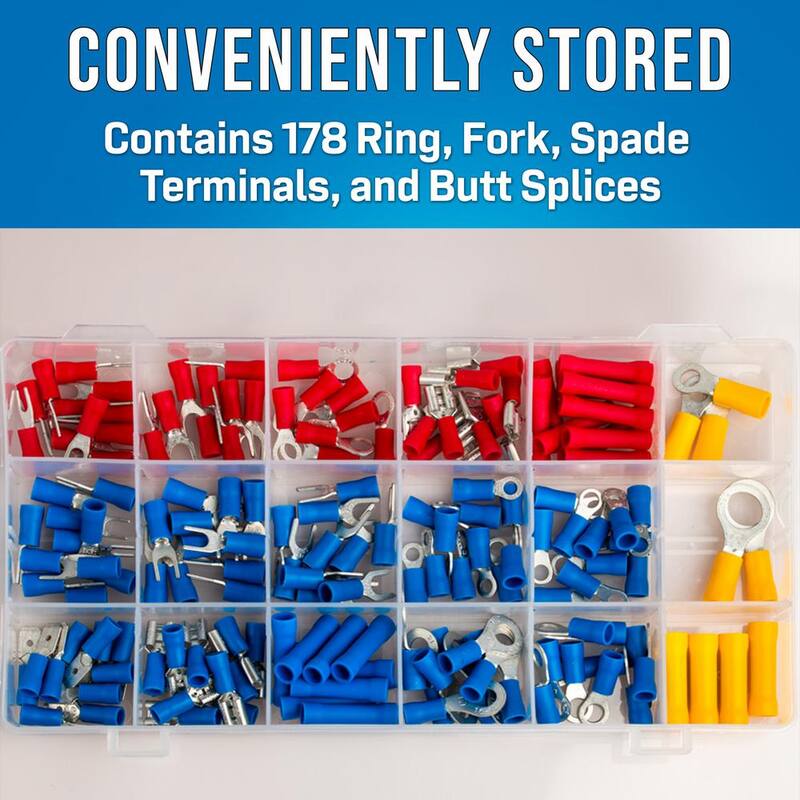 Kit de terminales de anillo/lengüeta sin soldadura de 178 piezas de JONARD TOOLS con empalmes de tope, terminales de anillo, lengüeta y pala, y herramienta de prensado de terminales PEX - TCK-178X