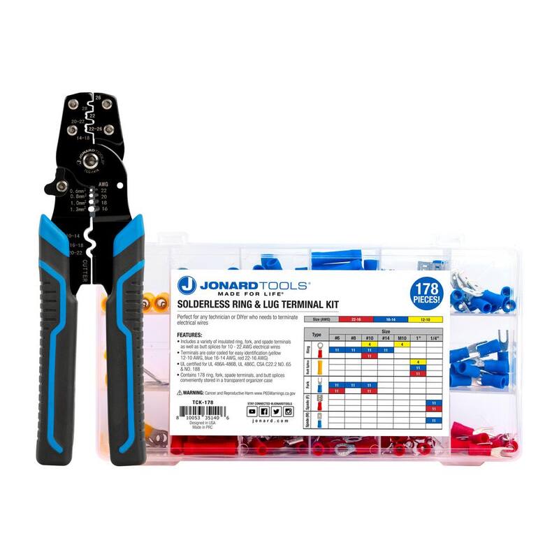 Kit de terminales de anillo/lengüeta sin soldadura de 178 piezas de JONARD TOOLS con empalmes de tope, terminales de anillo, lengüeta y pala, y herramienta de prensado de terminales PEX - TCK-178X