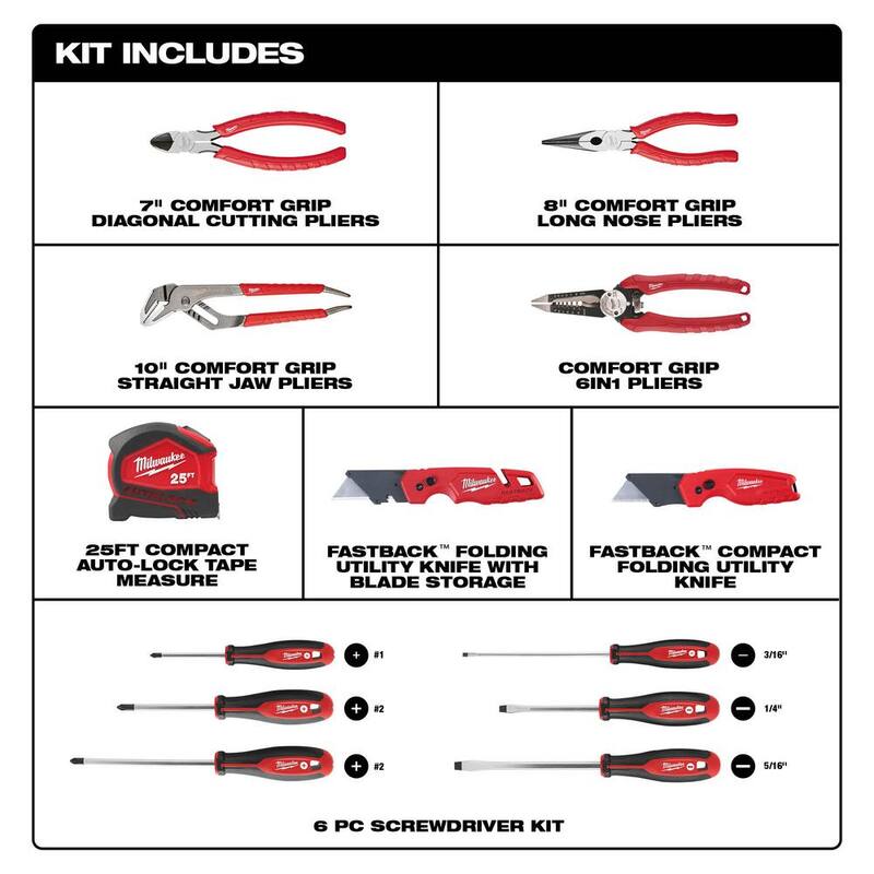 Kit de pinzas Milwaukee con juego de destornilladores, cinta métrica autoblocante de 25 pies y juego de herramientas manuales con cuchillos utilitarios FASTBACK (13 piezas) - 48-22-6331-48-22-3079SB.