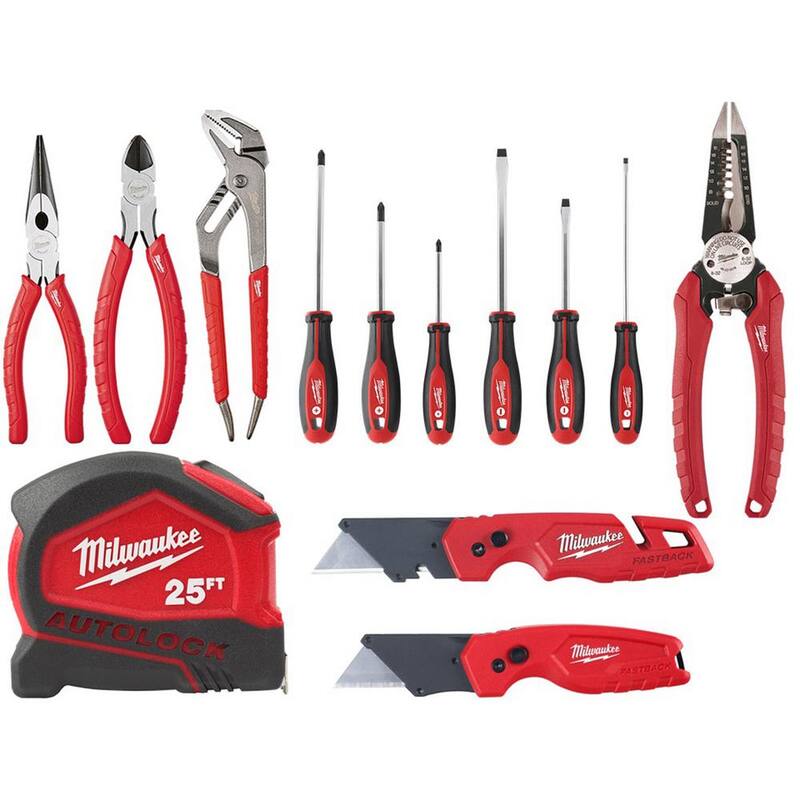 Kit de pinzas Milwaukee con juego de destornilladores, cinta métrica autoblocante de 25 pies y juego de herramientas manuales con cuchillos utilitarios FASTBACK (13 piezas) - 48-22-6331-48-22-3079SB.
