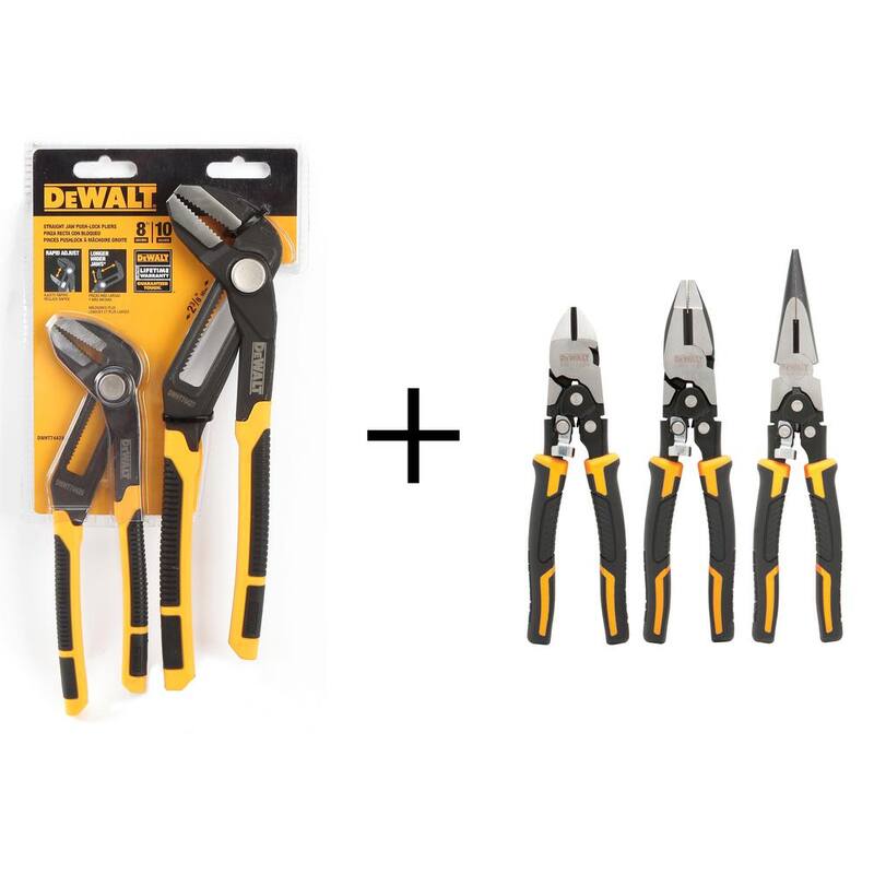 Juego de alicates de bloqueo de mandíbula recta DEWALT (2 piezas) y juego de alicates compuestos (3 piezas) - DWHT74428W70485