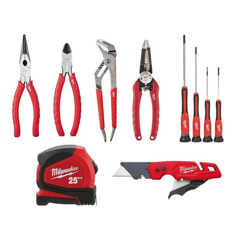Kit de pinzas Milwaukee con juego de destornilladores, cinta métrica compacta de 25 pies y navaja multiusos plegable FASTBACK (10 piezas) - 48-22-6331-3079-2604-6625-1502.