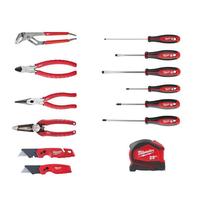 Estuche de pinzas Milwaukee con pelacables eléctricos 6 en 1, desarmadores, cinta métrica y juego de cuchillos Fastback (11 piezas) - 48-22-6331-48-22-3079-48-22-2706-48-22-6