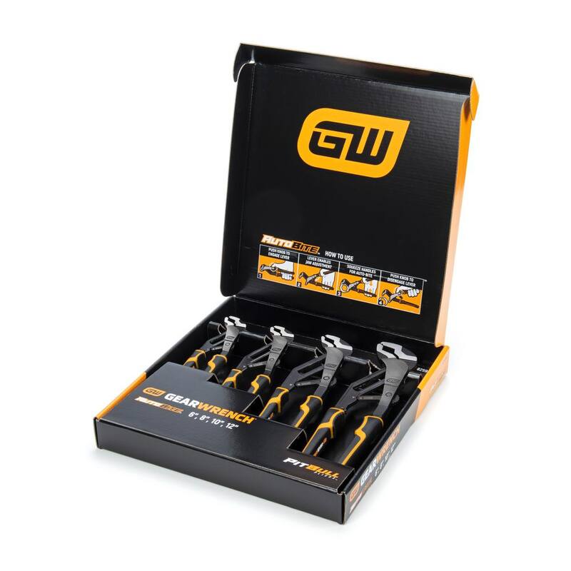 Llave de trinquete GEARWRENCH 6, 8, 10 y 12 pulgadas PITBULL Auto-Bite, alicates de lengüeta y ranura con doble material (4 piezas) - 82594C