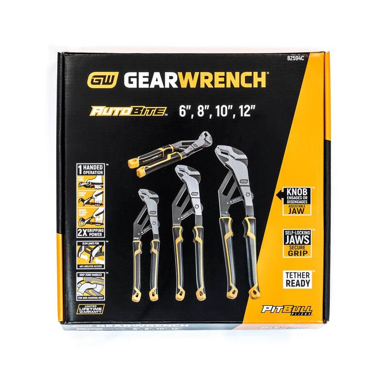 Llave de trinquete GEARWRENCH 6, 8, 10 y 12 pulgadas PITBULL Auto-Bite, alicates de lengüeta y ranura con doble material (4 piezas) - 82594C