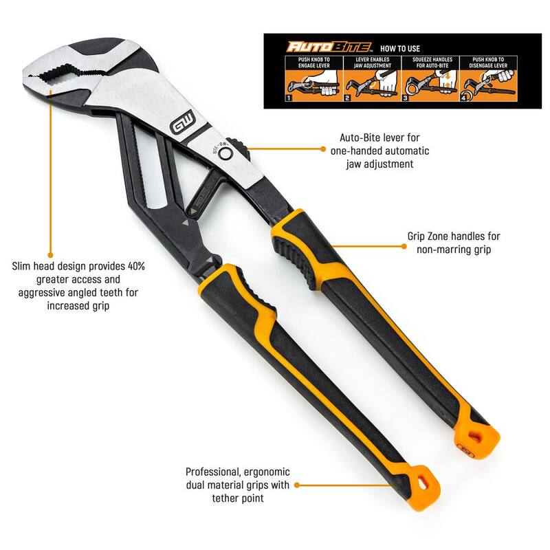 Llave de trinquete GEARWRENCH 6, 8, 10 y 12 pulgadas PITBULL Auto-Bite, alicates de lengüeta y ranura con doble material (4 piezas) - 82594C