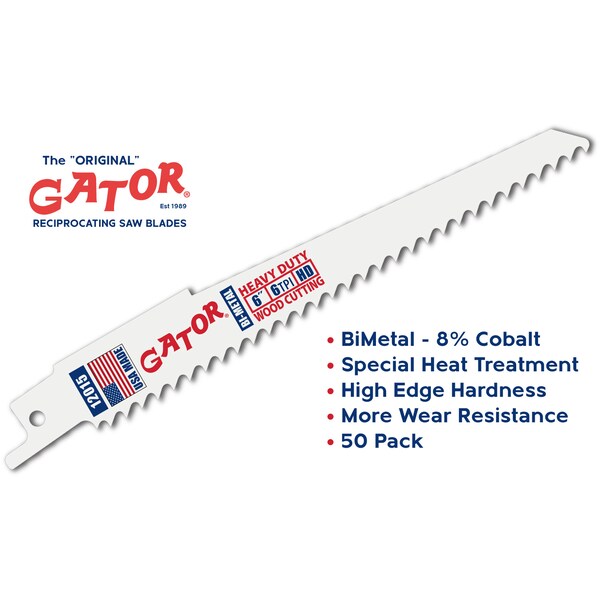 Gator Reciprocating Saw Blade 6 in. x 3/4 in. x 6tpi #12015, Heavy Duty Wood Cutting, 50PK - 12015