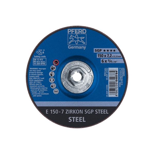 Rueda de esmerilado Pferd 6" x 1/4, rosca 5/8-11 - ZIRKON SGP ACERO - Tipo 27 - 61562
