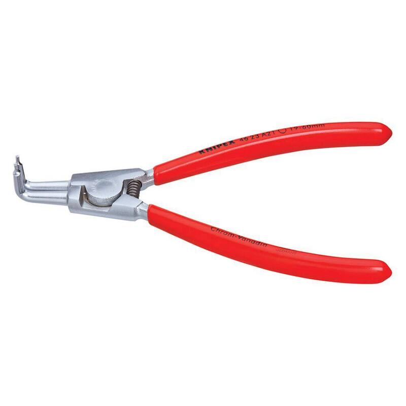 Pinzas para anillos de retención de circlips KNIPEX de 6-3/4 pulgadas - Externas de 90 grados anguladas con punta forjada cromada tamaño 2 - 46 23 A21