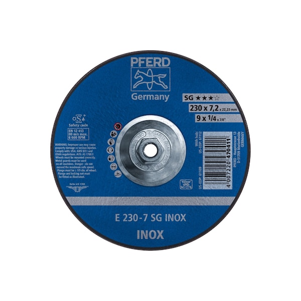 Rueda de esmerilado Pferd de 9" x 1/4, 5/8-11 - SG INOX - Tipo 27 - 61112