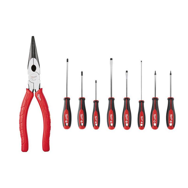 Alicates de punta larga con mango ergonómico Milwaukee de 8 pulgadas con juego de 8 destornilladores con cabeza cuadrada - 48-22-6101-48-22-2718.