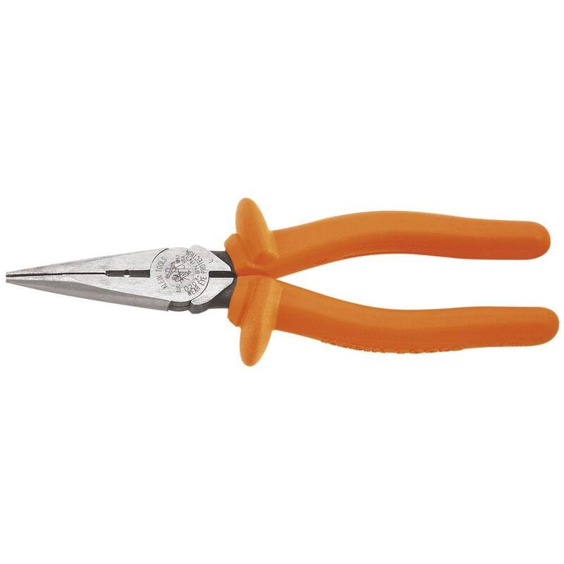 Herramientas Klein 8 pulgadas. Alicates de engarce de corte lateral de nariz larga aislados de servicio pesado con orificio de pelado - D203-8N-INS