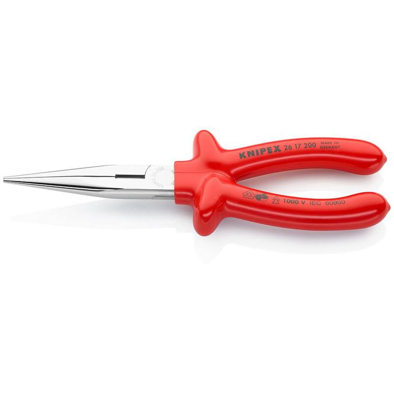 Pinzas de punta larga aisladas de 1000 voltios KNIPEX de 8 pulgadas con cortador y recubrimiento cromado en rojo - 26 17 200