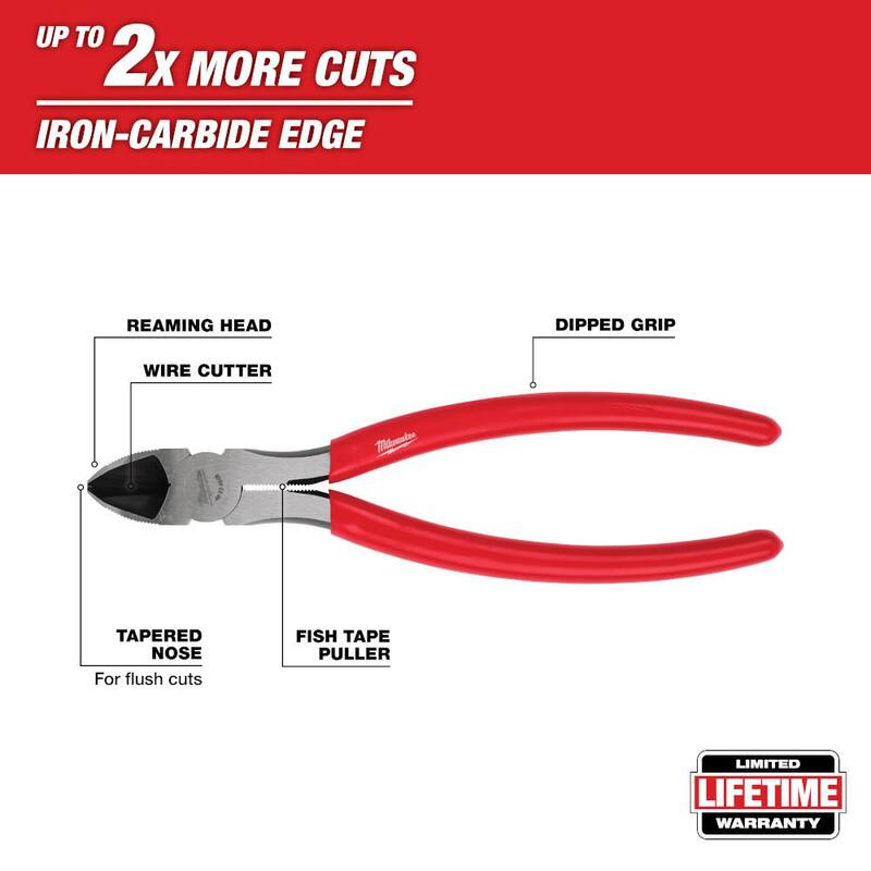 Pinzas cortadoras diagonales de 8 pulgadas Milwaukee con extractor de cinta de pescado y empuñadura sumergida - 48-22-6508