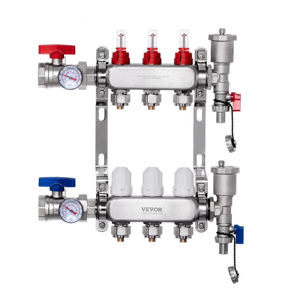 VEVOR 3-Branch Radiant Heat Manifold 1/2" PEX Tubing Floor Heating Manifold Set - DRFSQBXG3HL0FGQ9GV0