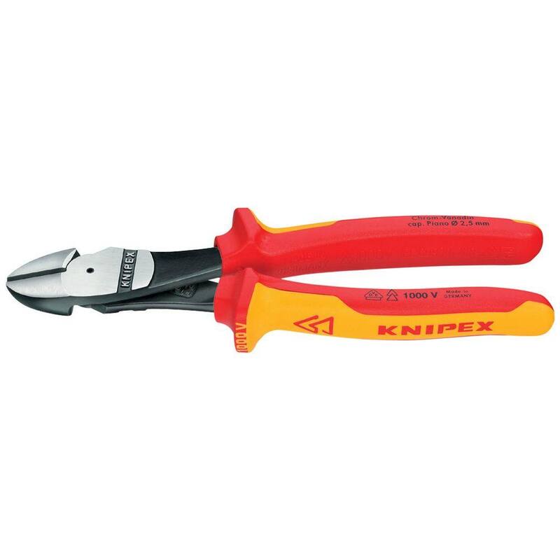 Cortaúñas diagonales de alta palanca de acero forjado de servicio pesado KNIPEX de 8 pulgadas con filo de corte de 64 HRC e aislamiento de 1,000 voltios - 74 08 200 SBA