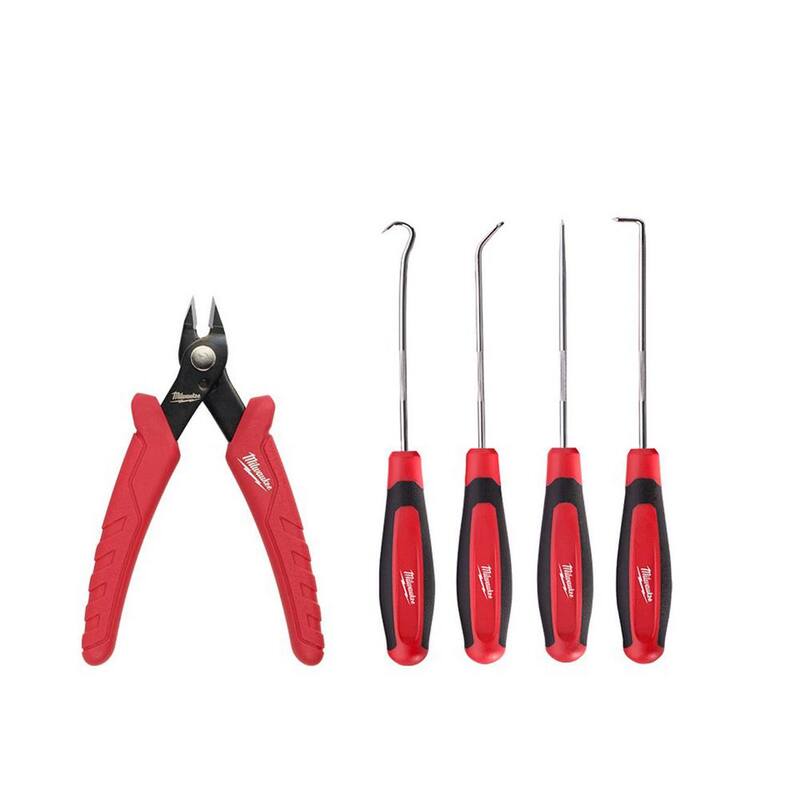 Juego de Mini Pinzas de Corte al Ras de 4.75 pulgadas Milwaukee y Set de 4 Piezas de Ganchos y Puntas (5 Piezas) - 48-22-6105-48-22-9215