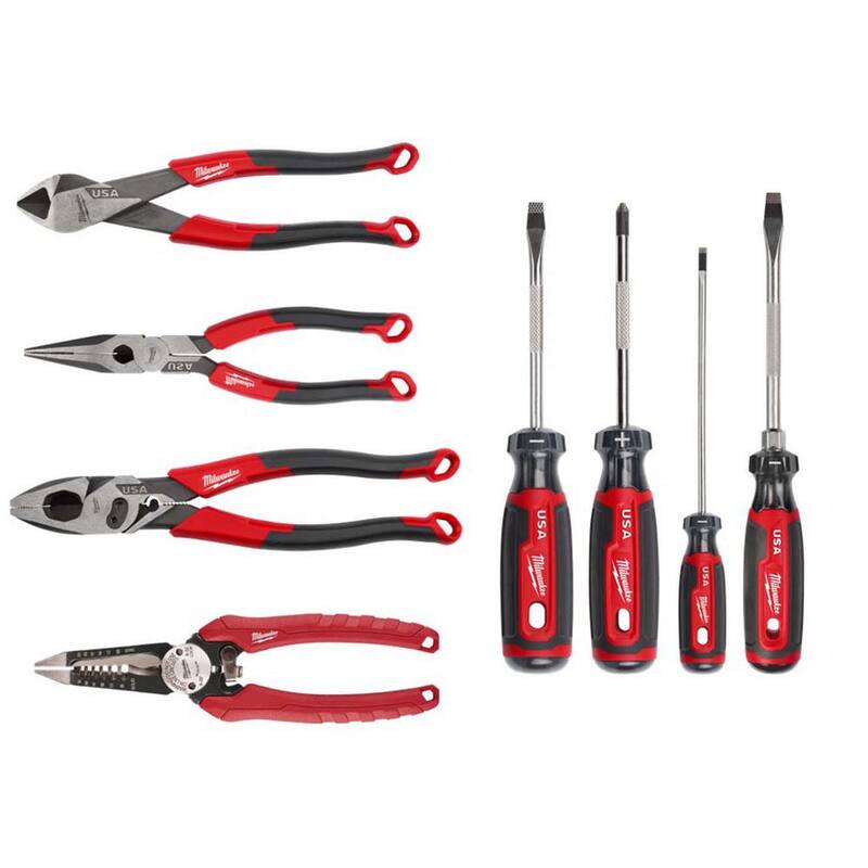 Electricistas de Milwaukee 9 in. Alicate de corte con agarre cómodo Lineman con engarzador y cortador de pernos con juego de herramientas destornillador (8 piezas) - MT558-MT555-MT550C-MT200-4-48-22-3079