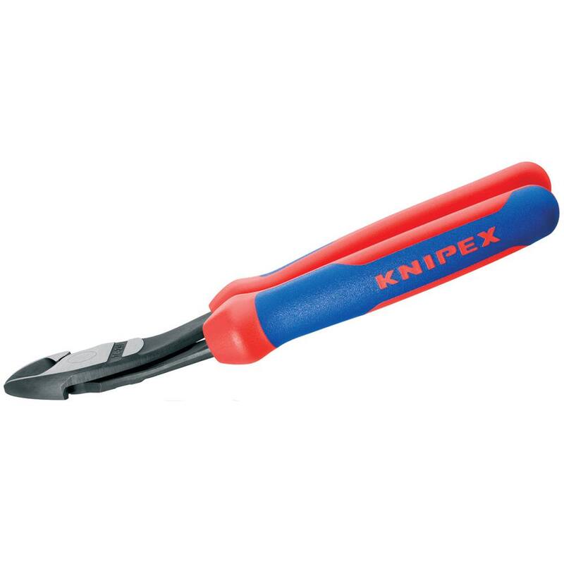 KNIPEX 8 pulgadas. Alicates de corte diagonal de alto apalancamiento angulado con agarres de confort de doble componente y sujeción de cordón - 74 22 200 T BKA