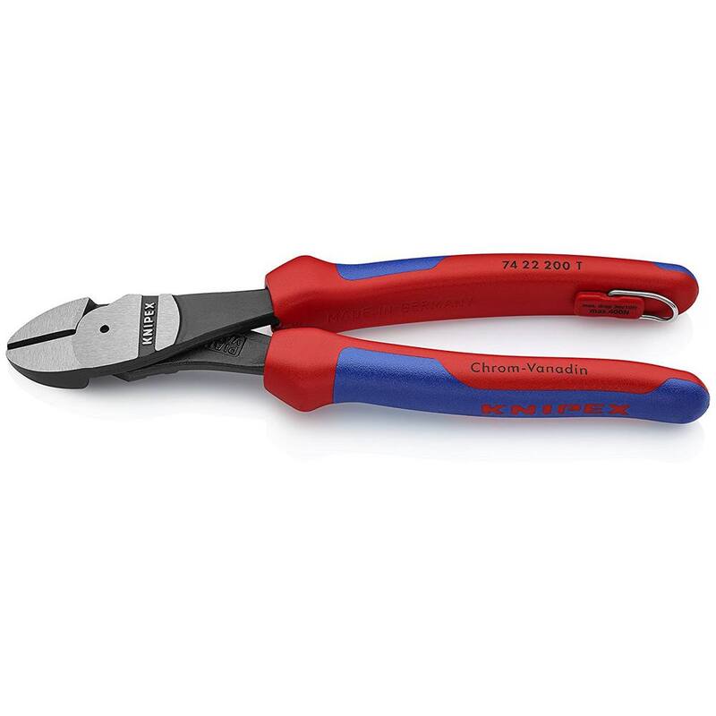 KNIPEX 8 pulgadas. Alicates de corte diagonal de alto apalancamiento angulado con agarres de confort de doble componente y sujeción de cordón - 74 22 200 T BKA