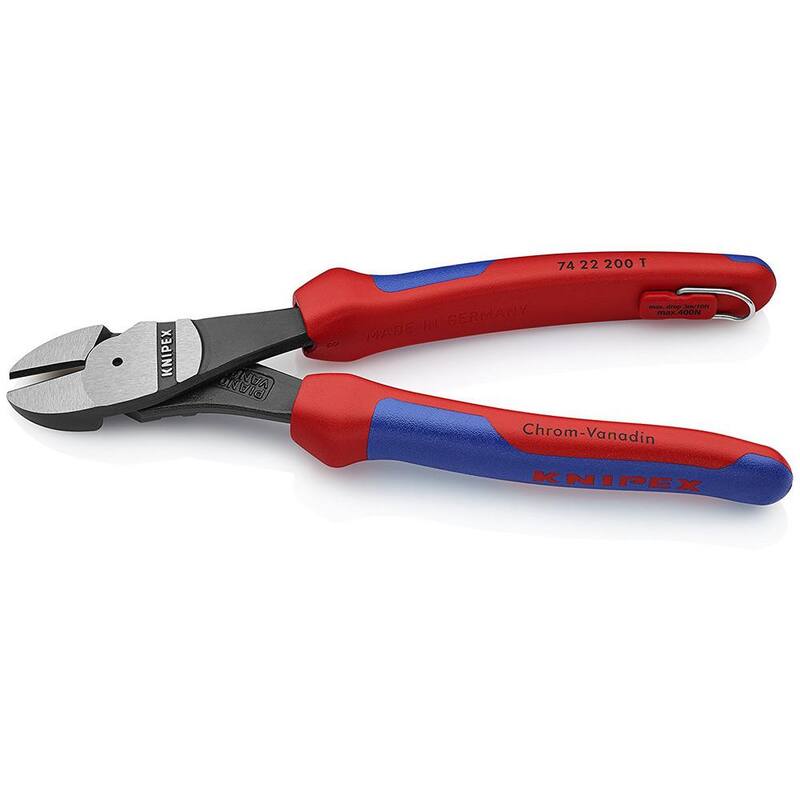 KNIPEX 8 pulgadas. Alicates de corte diagonal de alto apalancamiento angulado con agarres de confort de doble componente y sujeción de cordón - 74 22 200 T BKA