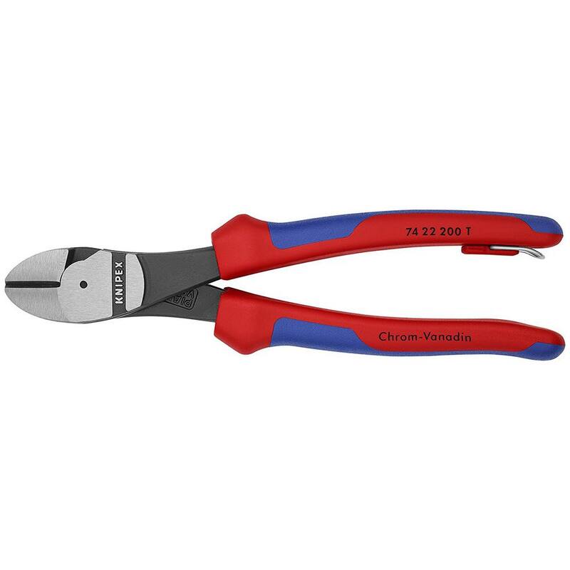 KNIPEX 8 pulgadas. Alicates de corte diagonal de alto apalancamiento angulado con agarres de confort de doble componente y sujeción de cordón - 74 22 200 T BKA