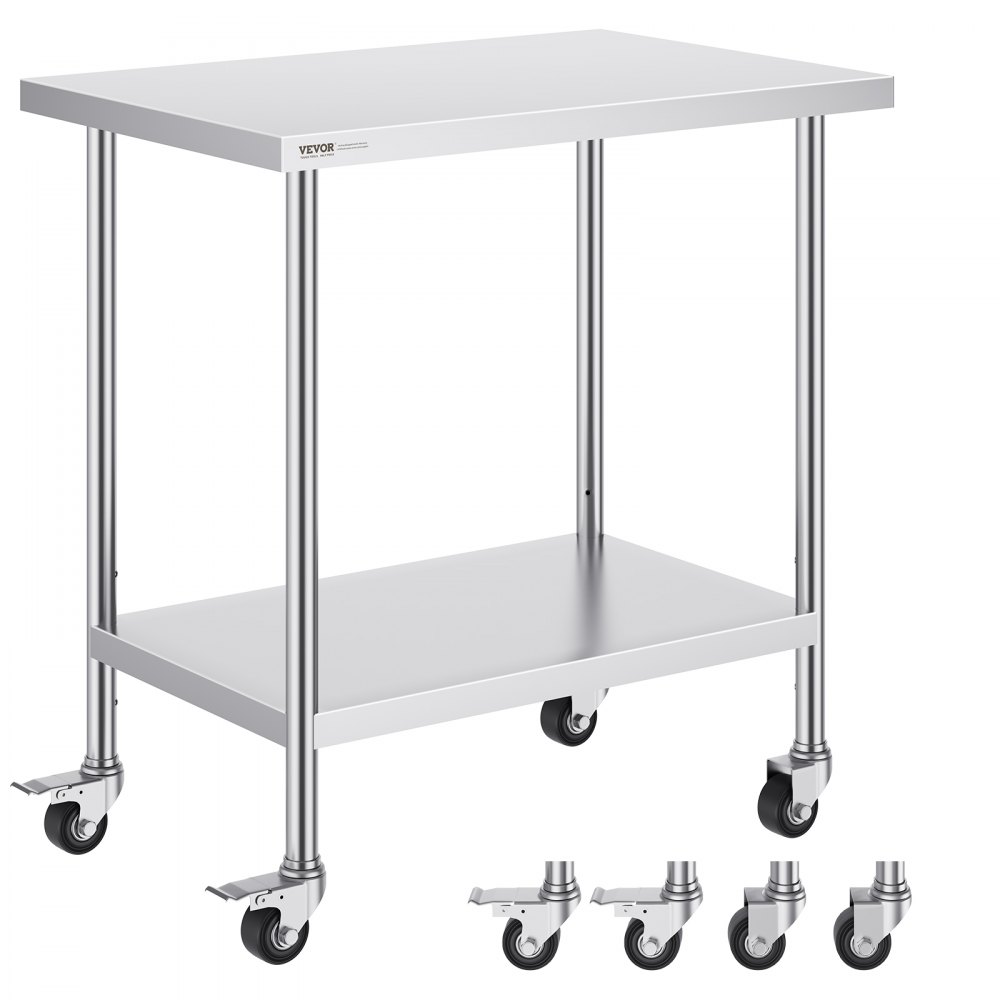 VEVOR Stainless Steel Work Table 24 x 36 x 38 Inch, with 4 Wheels, 3 Adjustable Height Levels, Heavy Duty Food Prep Worktable for Commercial Kitchen Restaurant, Silver - CFBXGGZTLCDJ3O0M6V0