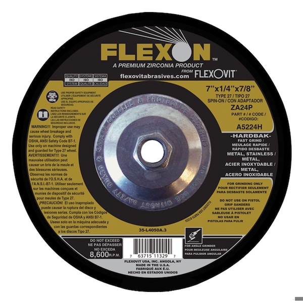Rueda Flexovit Flexon Fast Grind de Centro Hundido, 7 pulgadas de diámetro x 1/4 pulgadas de grosor, grano ZA24P, abrasivo de alúmina de circonio - A5224H.