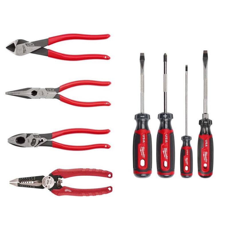 Electricistas de Milwaukee 9 pulgadas. Alicate cortante con agarre sumergido para linieros con herramienta de crimpar y cortador de pernos con juego de destornilladores (8 piezas) - MT508-MT505-MT500C-MT200-4-48-22-3079