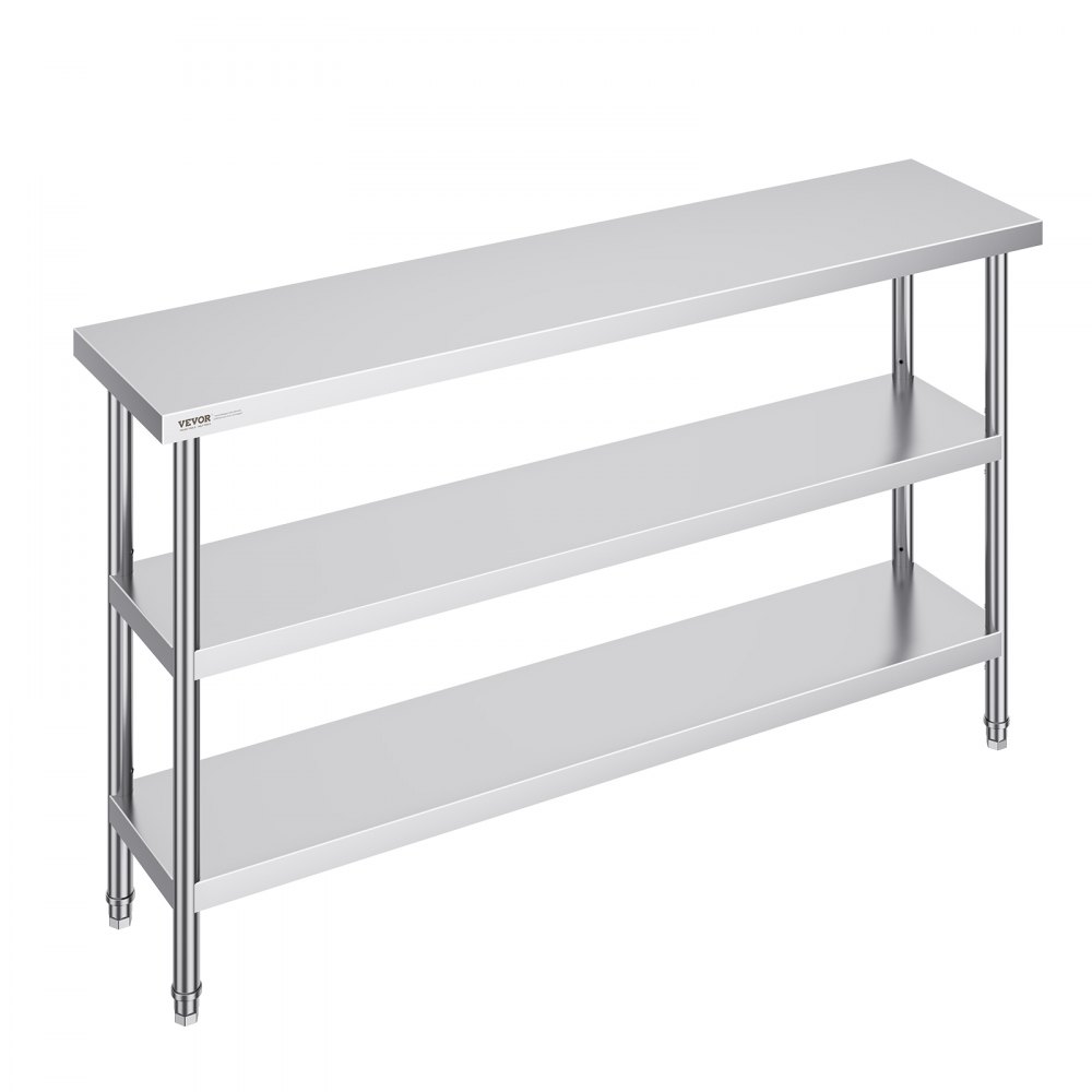 VEVOR Stainless Steel Food Prep Table, 14 x 60 x 34 Inch Commercial Kitchen Worktable, with 2 Adjustable Undershelf, Heavy Duty Prep Table Metal Work Table for BBQ, Kitchen, Home, and Garage - CFBXGGZTSCGZFXOQBV0