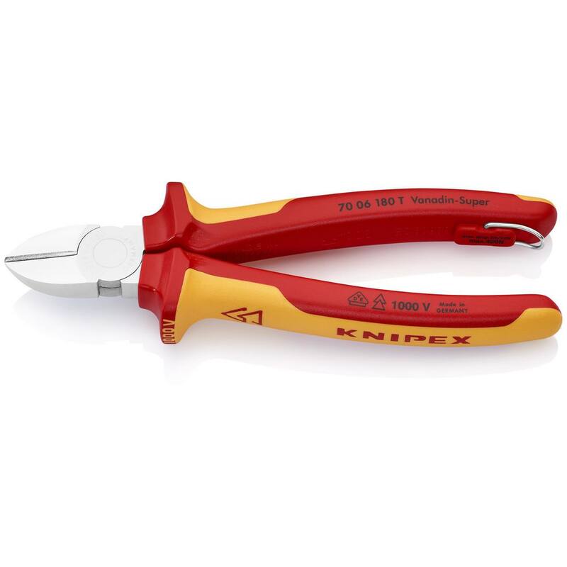 Cortadores diagonales KNIPEX aislados de 1000V con accesorio anclado, 7 1/4" - 70 06 180 T.