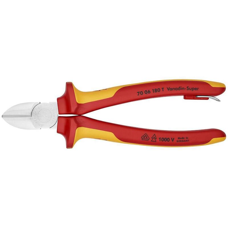 Cortadores diagonales KNIPEX aislados de 1000V con accesorio anclado, 7 1/4" - 70 06 180 T.