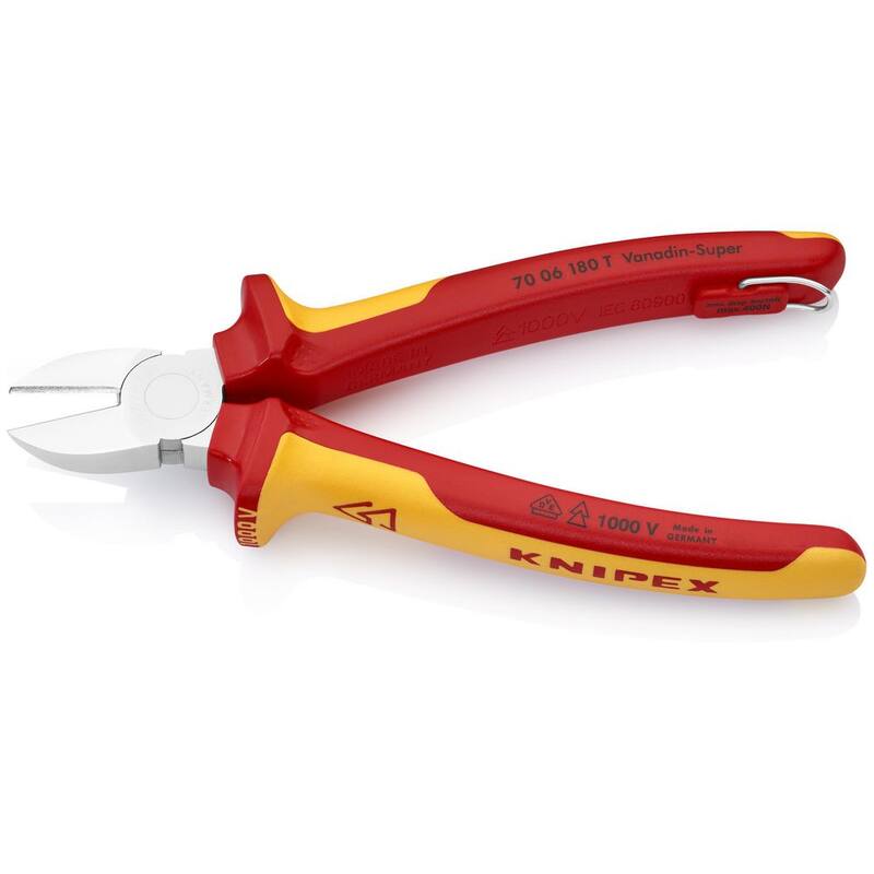 Cortadores diagonales KNIPEX aislados de 1000V con accesorio anclado, 7 1/4" - 70 06 180 T.