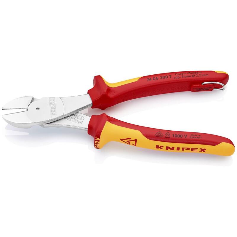 Pinzas diagonales de alto nivel de apalancamiento KNIPEX - Aislamiento de 1000V - Accesorio con cable, 8" - 74 06 200 T