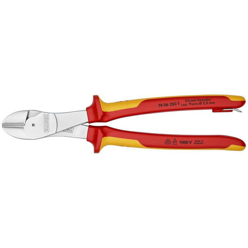 Pinzas diagonales de alta palanca KNIPEX- Aisladas a 1000V- Accesorio con retención, 10" - 74 06 250 T