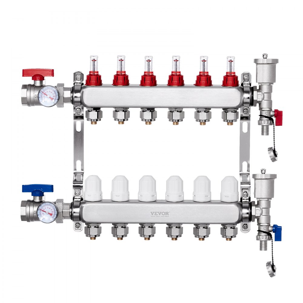 VEVOR 6-Branch Radiant Heat Manifold 1/2" PEX Tubing Floor Heating Manifold Set - DRFSQBXG6HL0X0YQ9V0