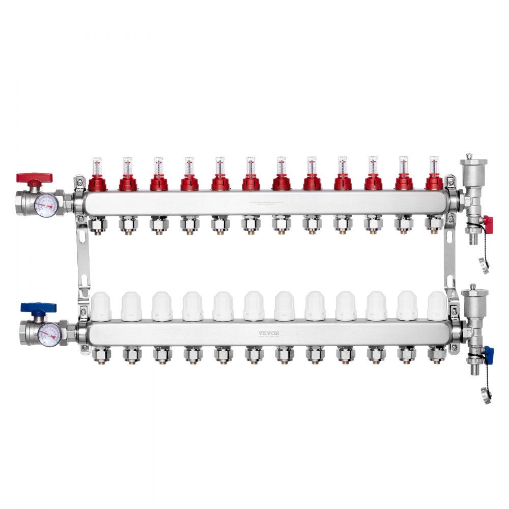 VEVOR 12-Branch Radiant Heat Manifold 1/2" PEX Tubing Floor Heating Manifold Set - DRFSQBXG12HLT7SLLV0