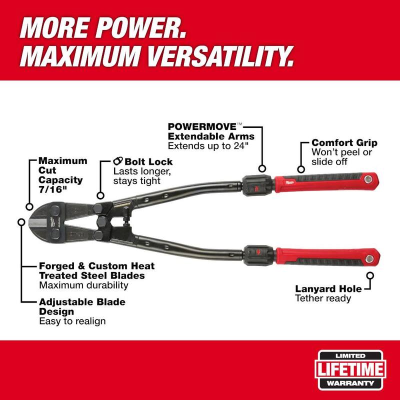 Milwaukee 24 pulgadas. Cortador de pernos adaptable con mangos extensibles POWERMOVE y capacidad de corte máximo de 7/16 pulgadas - 48-22-4124