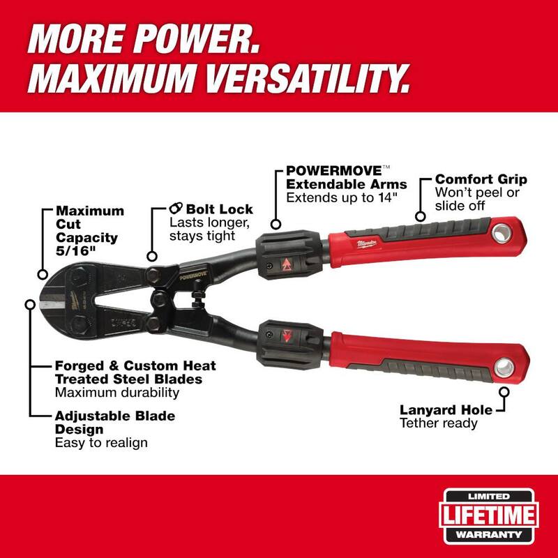 Cortador de pernos adaptable Milwaukee de 14 pulgadas con mangos extensibles POWERMOVE y capacidad máxima de corte de 5/16 de pulgada - 48-22-4114.
