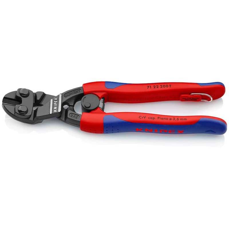 KNIPEX 8 pulgadas Angulado CoBolt Mini Cortadores de Tornillos con Palanca de Bloqueo de Resorte de Apertura, Mangos Cómodos y Accesorio de Amarre - 71 22 200 T BKA