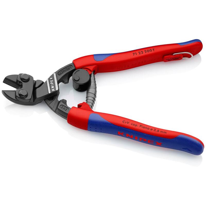 KNIPEX 8 pulgadas Angulado CoBolt Mini Cortadores de Tornillos con Palanca de Bloqueo de Resorte de Apertura, Mangos Cómodos y Accesorio de Amarre - 71 22 200 T BKA