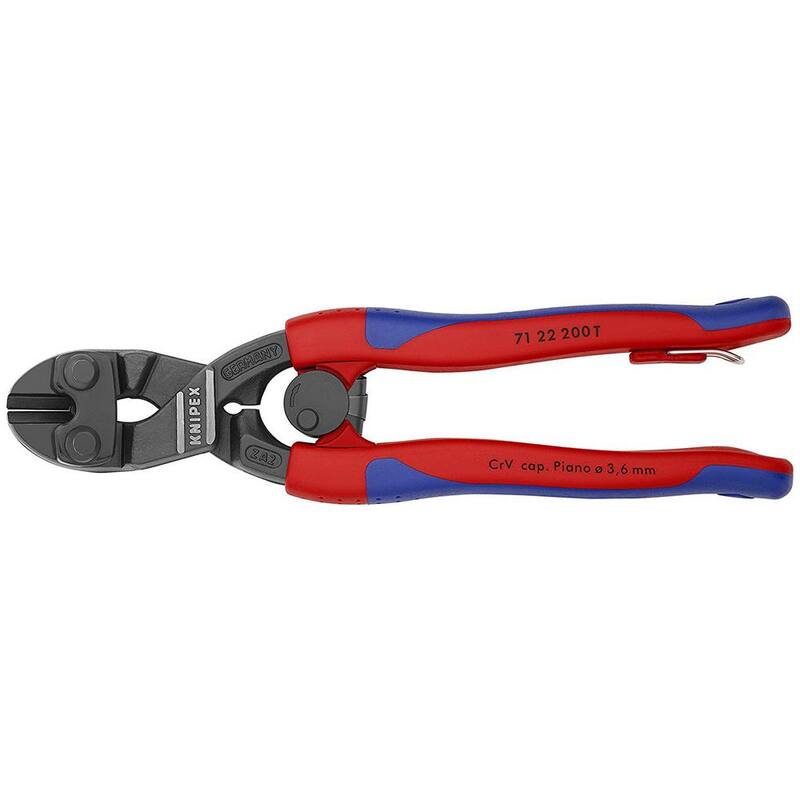 KNIPEX 8 pulgadas Angulado CoBolt Mini Cortadores de Tornillos con Palanca de Bloqueo de Resorte de Apertura, Mangos Cómodos y Accesorio de Amarre - 71 22 200 T BKA