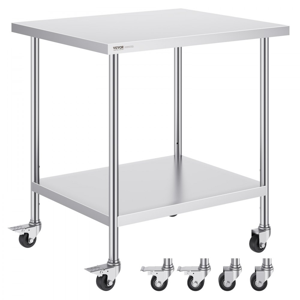 VEVOR Stainless Steel Work Table 30 x 18 x 38 Inch, with 4 Wheels, 3 Adjustable Height Levels, Heavy Duty Food Prep Worktable for Commercial Kitchen Restaurant, Silver - CFBXGGZTLCDJB9CR8V0