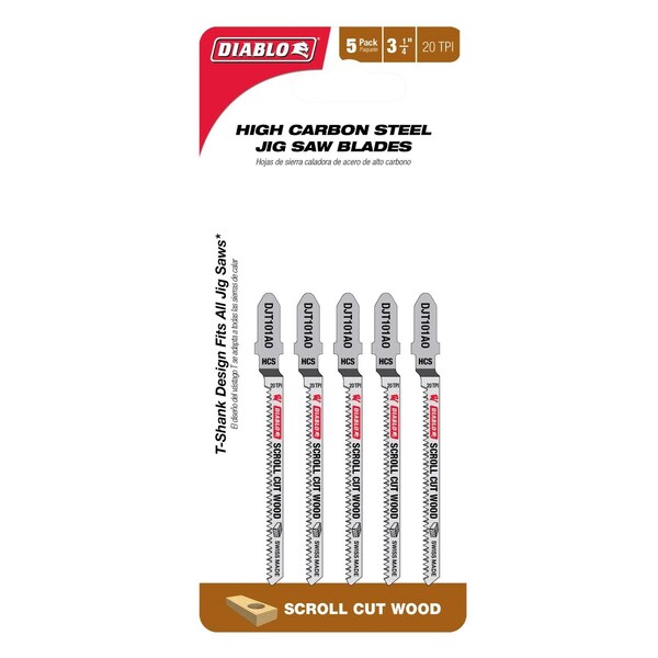 Diablo 3-1/4 in. High Carbon Steel T-Shank Scroll Cut Jig Saw Blade 20 TPI 5 pk - DJT101AO5
