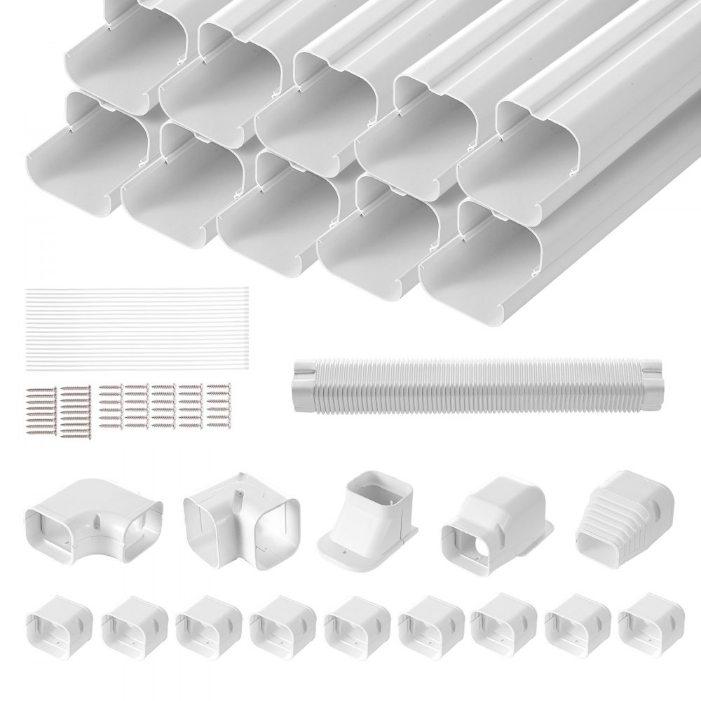 VEVOR Mini Split Line Set Cover 3-inch W 17.7Ft L, PVC Decorative Pipe Line Cover For Air Conditioner with 10 Straight Ducts & Full Components Easy to Install, Paintable for Heat Pumps, White - BSKSQFTSKDGXB3X6AV0
