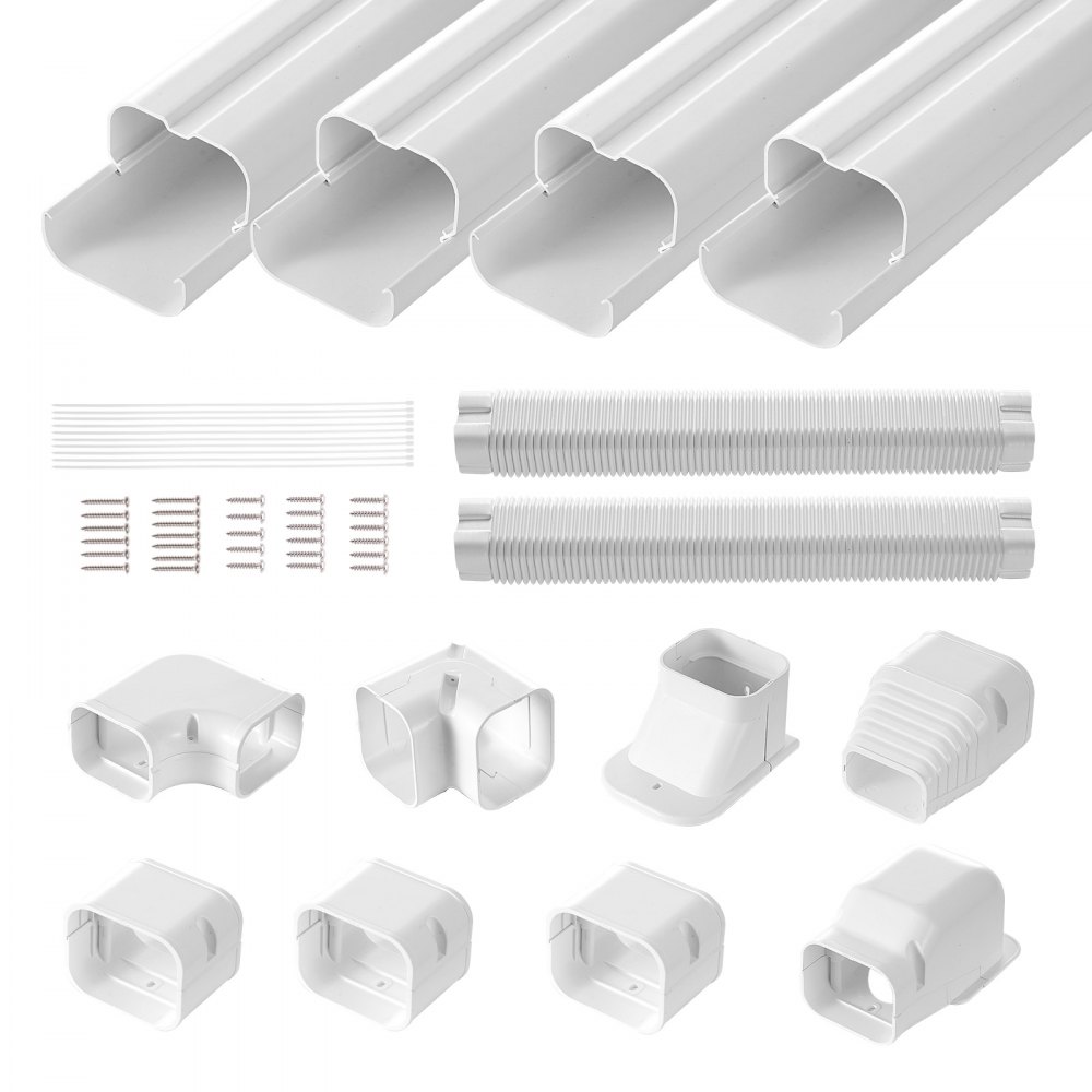 VEVOR Mini Split Line Set Cover 3-inch W 17.6Ft L, PVC Decorative Pipe Line Cover For Air Conditioner with 4 Straight Ducts & Full Components Easy to Install, Paintable for Heat Pumps, White - BSKSQFTSKDGXAZ41JV0